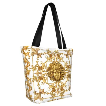 Custom Luxury Golden Flower Medusa Pattern Canvas Shopping Bag Women Washable Grocery Greek Myth Shopper Tote Bags