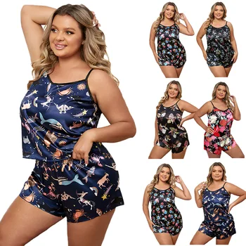 Didelio dydžio 4XL moteriškos pižamos vasarinės apvalaus kaklo petnešos seksualūs namų drabužių komplektai ploni Spagečių dirželis Šilko imitacija Amerikietiška