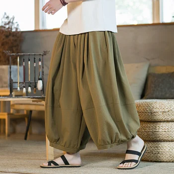 Didelio dydžio vasaros laisvi šilko žiedai Plačios kojų kelnės vyrams Jaukūs vienuolių drabužiai Zen Cotton Capri Chinese Street Wear Oriental