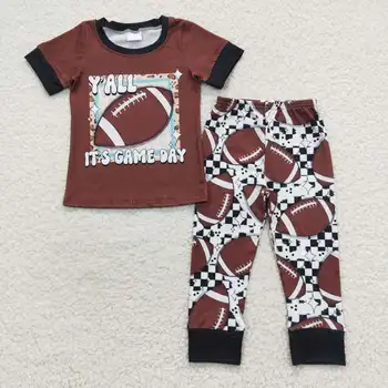 Didmeninė parduotuvė Baby Boy Trumpomis rankovėmis Rudi marškinėliai Languotos kelnės Apranga Vaikų rudens drabužių komplektas Mažylio kamuolio žaidimo drabužiai