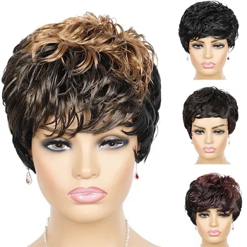 Didmeninė prekyba tamsiai rudais juodais trumpais garbanotais kasdieniais perukais su spalvotais kirpčiukais Sintetinis perukas moterims Pinti perukai Moterų plaukams