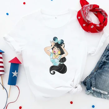 Disney Princess Jasmine Minnie Ears Cute Girl Clothes Sweet Style Fashion Summer Women T-shirt Aesthetic Harajuku Lady Shirt