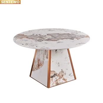 Dizaineris Prabangi apvali vakarienė Marble Rock Slab valgomojo stalo komplektas 8 kėdės mesa esstisch baldai meuble Nerūdijančio plieno aukso pagrindas
