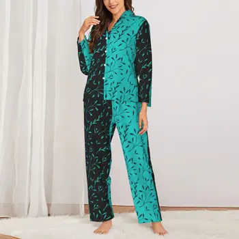 Dviejų atspalvių miego drabužiai Rudens juoda lapinė vynmedžio gėlė Laisvi oversized pižamų komplektai Moterys ilgomis rankovėmis madingas miego modelio namų kostiumas