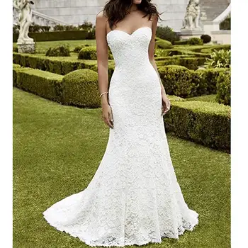 Elegantiška balta nėriniuota Undinėlės vestuvinė suknelė Mielaširdingas kaklas Nuotakos chalatai 2023 Nėriniuotos kepurės rankovės Paplūdimio vestidos de novia Sandėlyje