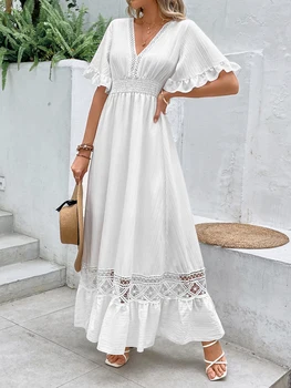 Elegantiška vientisa balta ilga suknelė Moteriški drabužiai Bohemija Tuščiaviduris apvadas Seksualios suknelės trumpomis rankovėmis Suknelės aukštu juosmeniu Paplūdimio vakarėlis Maxi suknelė