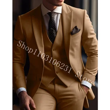 Elegantiški kostiumai Vyriški Vestuviniai smokingai Blazer Peak Lapel Slim Fit 3 Dalys Jaunikių kostiumai Striukė+Liemenė+Kelnės Kostiumas Homme Mariage