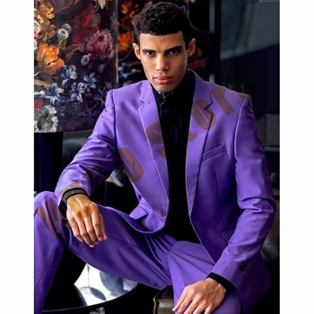 Elegantiški vyriški kostiumai vestuvėms Liekni mados švarkai Vyriškas kostiumas Vasaros plonas kvėpuojantis violetinis dviejų dalių rinkinys Pilni vyrai