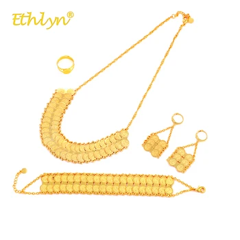 Ethlyn Middle East/Islam/Arab Luxury Gold Color Double Coin Necklace/Big Drop auskarai/Žiedas/Apyrankė Moteriški papuošalų rinkiniai S273