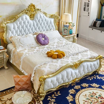 europietiško stiliaus pagrindinio miegamojo vestuvinė lova, odinė karališka lova, 1,8m dvigulė vila, prabangus visas medžio masyvas