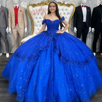 EVLAST Princess Royal Blue Quinceanera suknelė Ball suknelė Nėrinių aplikacijos Karoliukų raukiniai Meksika Sweet 16 Vestidos De 15 Años TQD058