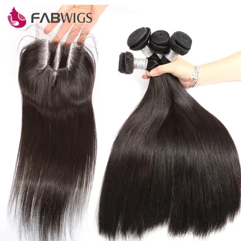 Fabwigs Hair 5PCS LOT Žmogaus plaukų ryšuliai su uždarymu 4 ryšuliai Peru tiesus plaukų pynimas natūrali spalva 4*4 Nėrinių uždarymas Remy