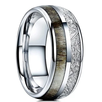 Fashion 8mm sidabro spalvos nerūdijančio plieno žiedai vyrams Meteorito elnio rago inkrustacijos kupolas Sužadėtuvių žiedas Vyrų vestuvių juostos papuošalai
