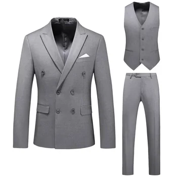Fashion Design Business Slim Fit Double Breasted Solid Suits Men Formal Wedding Casual Stage Tuxedo (Švarkas+Liemenė+Kelnės) 6XL-M