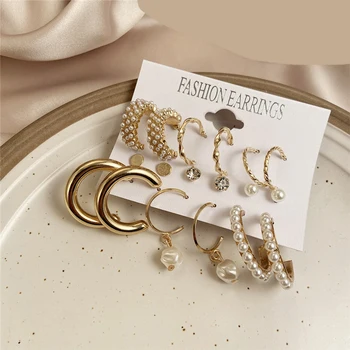 Fashion Gold Color Round Shape Drop auskarų rinkinys moterims Elegantiškas vestuvinis perlų ratas Kabantys auskarai 2022 Papuošalai