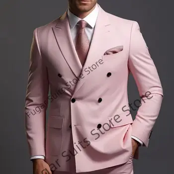 Fashion Pink Double Breasted Vyriški drabužiai Slim Fit Peak Lapel Groom Tuxedos 2 Pieces Sets Elegant Male Blazer Ternos Masuino