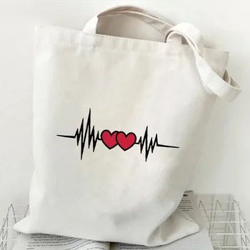 Fashion Women Shopper Bag Love heartbeat Print Totes Krepšiai Daugkartinio naudojimo pirkinių krepšys Drobės rankinės Casual Ladies Pečių krepšiai