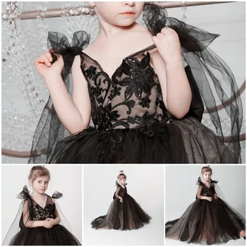First Communication Dress Black Angel Flower Girl Dress Wedding Party Tulle Nėrinių merginos Mažylio suknelė Princess Pageant Gown Kids