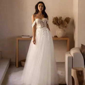 Flavinke Princess A-Line nėrinių aplikacijos vestuvinės suknelės 2024 Sweetheart Nuotakos chalatai trumpomis rankovėmis moterims Chalatas De Mariee
