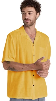 Geltoni vyriški suknelės trumpomis rankovėmis marškiniai be raukšlių Kietas laisvalaikio mygtukas žemyn marškiniai su kišeniniais vyriškais lininiais marškiniais Freeshipping