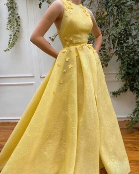 Geltonos Maroko vakarinės suknelės A-line Aukšta apykaklė Grindų ilgis Nėrinių gėlės Ilga Turkija Dubajus Saudo Arabija Prom suknelės Suknelė