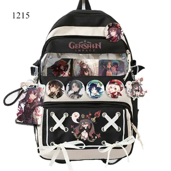 Genshin Impact Anime with Badge Backpack Cartoon Laptop Bag School Book Student Shoulder Computer Travel Bag Rucksack Cosplay