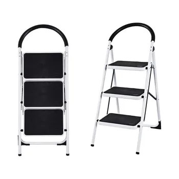 GIVIMO 3 pakopų sulankstomos laiptinės kėdės kopėčios, tvirtos plieninės kopėčios su plačiu pedalu 330 svarų talpa, balta + juoda laiptinė kėdė