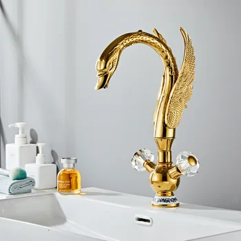 Golden Swan Wash Basin Karštas ir šaltas maišytuvas Krištolo rankena Viešbučio vonios kambarys Vonios kambario plovimo baseino maišytuvas