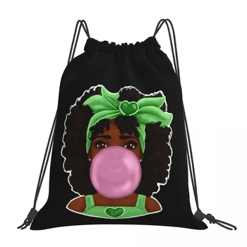 Green Bubble Gum Pretty Black Girl Art Design Kuprinės Casual Portable Drawstring Bags Storage Bag BookBag For Travel School
