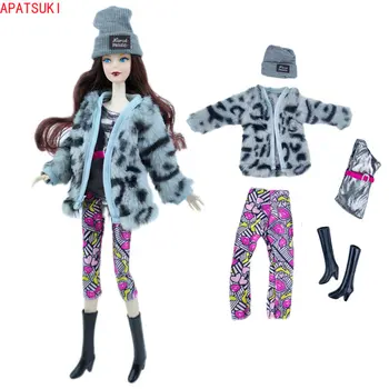 Grey Leopard Fashion Doll Drabužių komplektas Barbei Lėlė Rankų darbo paltas Top Crop Kelnės Skrybėlių batai Barbei 1/6 lėlių aksesuarai