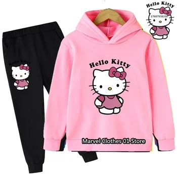Hello Kitty Gobtuvų komplektai Berniukų aprangos komplektas Vaikiški drabužiai Mergaičių drabužių viršūnės Kelnės Kostiumai 3-14 metų Ports Kostiumai Džemperis Džemperis su gobtuvu Megztinis