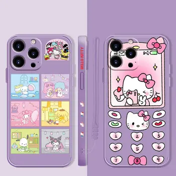 Hello Kitty Kuromi Family Square Liquid Phone Case for Apple iPhone 14 13 12 11 Pro Max 13 12 Mini XS XR X 7 8 6 6S Plus Shell