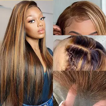 Highlight Ombre nėrinių priekinis perukas Žmogaus plaukai iš anksto nupešti 13x4 HD skaidrūs 4/27 medaus blondinės nėrinių priekiniai perukai moterims