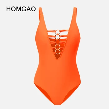 HOMGAO moteriškas vientisas maudymosi kostiumėlis Oranžinė apyrankė maudymosi kostiumėliai O-Ring V kaklo išpjova Paplūdimio drabužių smėlinukas 2023 Maudymosi kostiumas Monokini