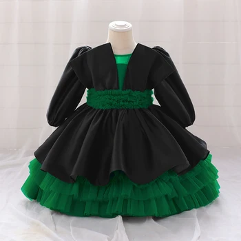 ilgomis rankovėmis kūdikio princesės suknelė mergaitėms kostiumas juoda žalia kūdikio 1-ojo gimtadienio vakarėlio suknelė Mažylio Tutu krikštynų suknelė