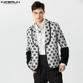 INCERUN Tops 2023 American Style Men's Funny Star Printed Patchwork Plush Cuffs Design Suit Casual Fashion Hot Sale Blazer S-5XL