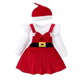Infant Baby Girl Santa Apranga Vienspalvis romperis ilgomis rankovėmis + suknelė be rankovių + megzta skrybėlė