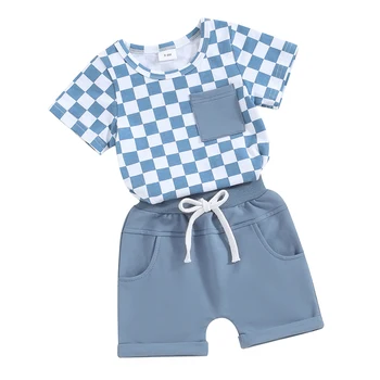 Infant Boy Girl Plediniai drabužiai Trumpomis rankovėmis Languoti kišeniniai marškinėliai Top Solid Shorts 2Vnt Vasaros apranga Mažylis