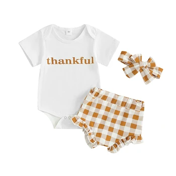 Infant Girl Padėkos dienos kombinezono apranga Letter Short Sleeve Romper + Ruffled Plaid Print Shorts + Bow Headband