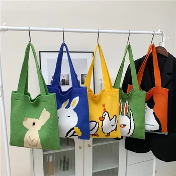 japonų ins stiliaus mielas animacinis filmas vilnonis antis austas krepšys ponios rankinė atsitiktinė tote literatūrinė knyga krepšys vilna pirkinių krepšys mergaitėms