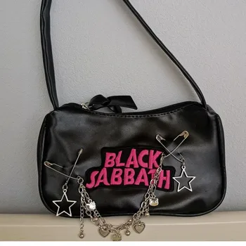 JIAERDI Punk Gothic Y2k Rankinė Moterys Vintage Laiškų siuvinėjimas Pin prašmatnus juodas krepšys Moteriška retro grandinė Grunge Shoudler krepšio piniginė