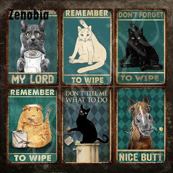 Juokingi gyvūnai Metalinis ženklas Miela katė su tekstu Nepamirškite nuvalyti senovinio skardos ženklo geležies dažymo sienų lipdukai tualeto dekorui