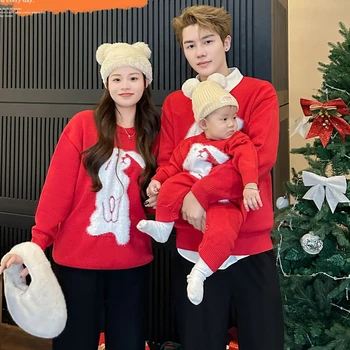 Kalėdinis megztinis visai šeimai Raudonas šiltas megztas viršus Kūdikių megztukas Romperis Tėvas Motina ir dukra Sūnus Derantys drabužiai