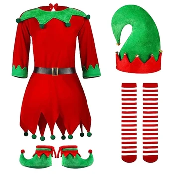 Kalėdinė elfo suknelė Vaikiškas puošnus suknelės kostiumas, Vaikų kalėdinio elfo kostiumo komplektas Kalėdų vakarėliui Gimtadienio vakarėlis T8NB