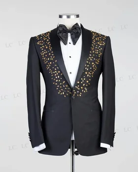 Karoliukų kristalaiMen kostiumai 2 dalių Blazer Pnats One Button Beads Diamonds Lapel Prom Tuxedo Slim Wedding Groom plus Size kostiumas