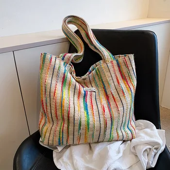 Khaki krepšys moterims Aukštos kokybės drobinis krepšys per petį 2023 m Nauja dryžuota austa rankinė Didelės talpos Tote Moteriškas ekologinis pirkėjo krepšys