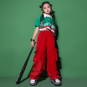 Kids Cometitions Hip Hop Clothing Crop Polo Tshirt Red Baggy Cargo Pants For Girls Jazz Show Dance Suit Teenage Clothes