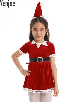 Kids Girls Christmas Elf Cosplay kostiumas Kalėdų senelio suknelė Rauptomis rankovėmis Kutas Tutu suknelė Kepurė Kalėdų šventė Princesės suknelė