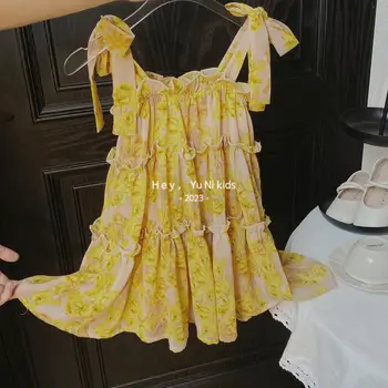 Kids Girls Summer Sling Suknelė Geltonas tortas Suknelės 2023 Naujai atvykę Vaikai Vintažinė suknelė be rankovių Plona šifono suknelė