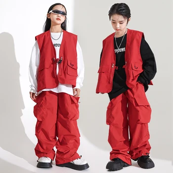 Kids Kpop Hip Hop Drabužiai Raudona striukė Liemenė Džemperis Tops Streetwear Jogger Kelnės mergaitėms Boy Performance Džiazo šokio kostiumas
